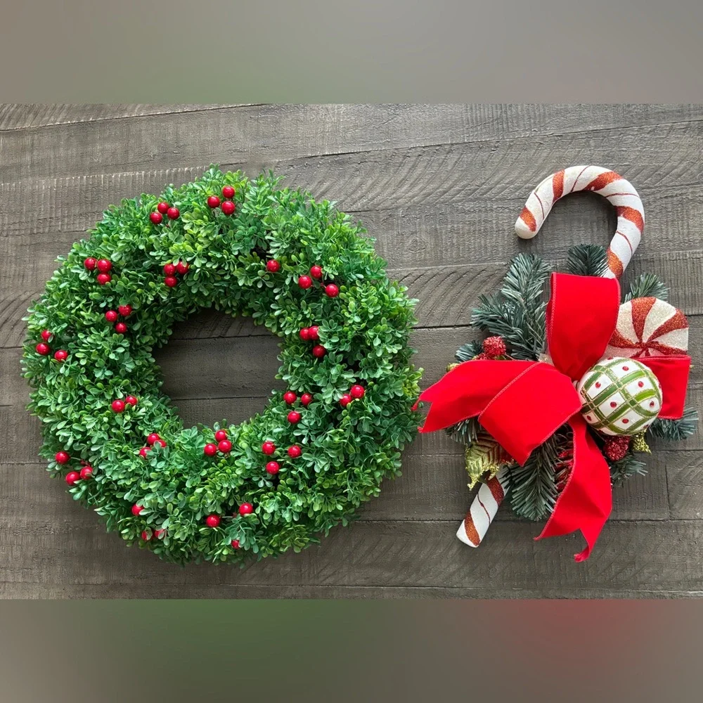 Holiday Wreath Bundle Classic Green Wreath + Candy Cane Accent Christmas Décor